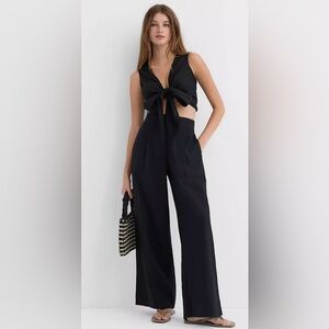 Loft Black Wide Leg Linen Blend Pull on Black Pants Beach Cruise Vacation Med